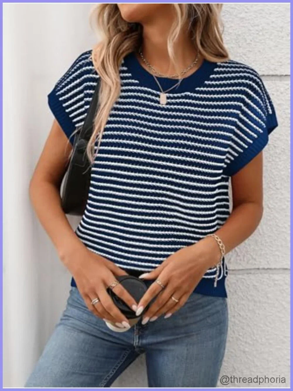 Women's Striped Short Sleeve Knit Pullover Sweater Crewneck Summer Top